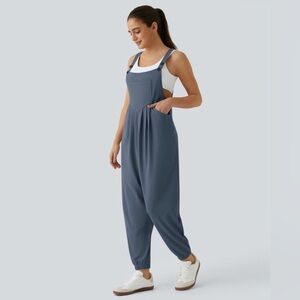 HALARA Slate Blue Waffle Knit Overalls Cuffed Jumpsuit Women’s M NWT